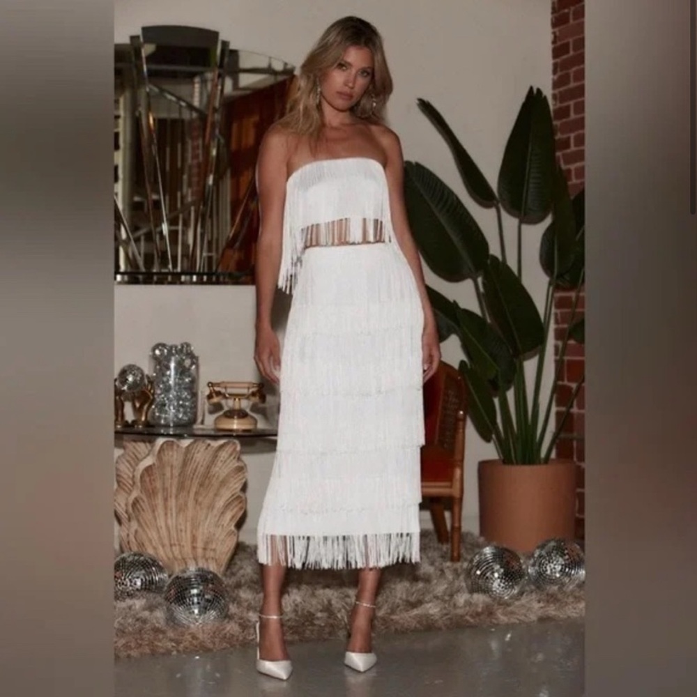 12th Tribe White Fringe Midi Dress